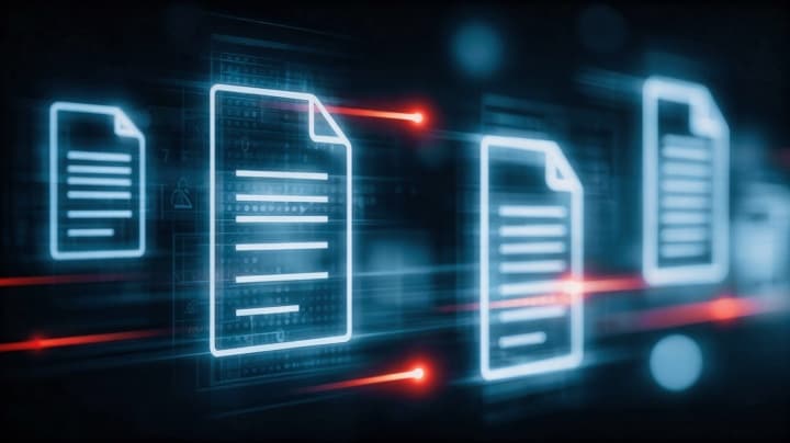 Glowing digital document icons on a dark blue background